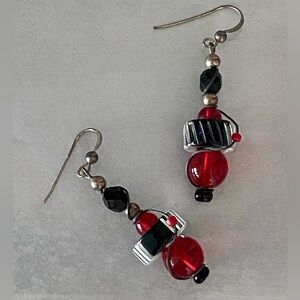 Handcrafted Red, Black and White Glass Beaded Dangle Earrings